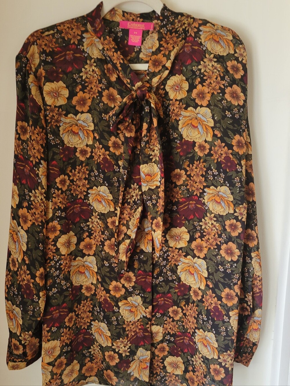 Catherine Malandrino Brown & Yellow Floral Tie-Neck Blouse